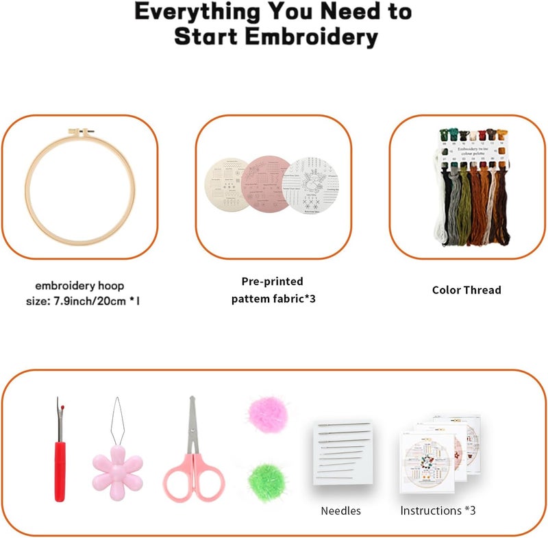 JOINRUN Beginner Embroidery Kit for Adults, 3 Pack Cross Stitch Kits with Pre-Printed Patterns, Threads, Needles, Learn Stitches with 7.8" Hoop, Video Tutorial, DIY Needlework Craft Gift for Women - Image 3